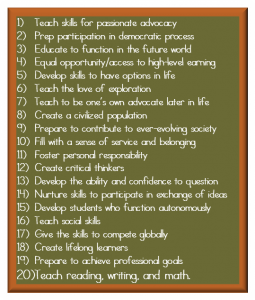 A list of 20 comments about the purpose of education