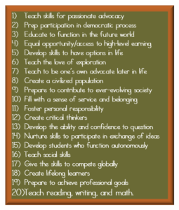 alt="this graphic lists 20 purposes of teaching; teaching read, writing, and math is last on the list"