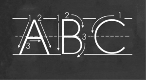- SoundEnglish a graphic of letters A, B, and C with how to write them in white chalk on a blackboard