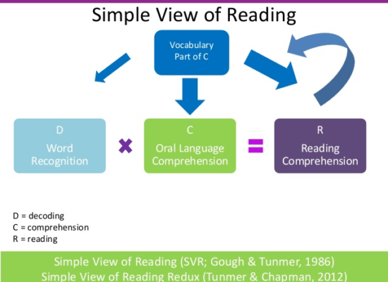 alt=" a graphic chart of the interaction; decoding + comprehension = reading"
