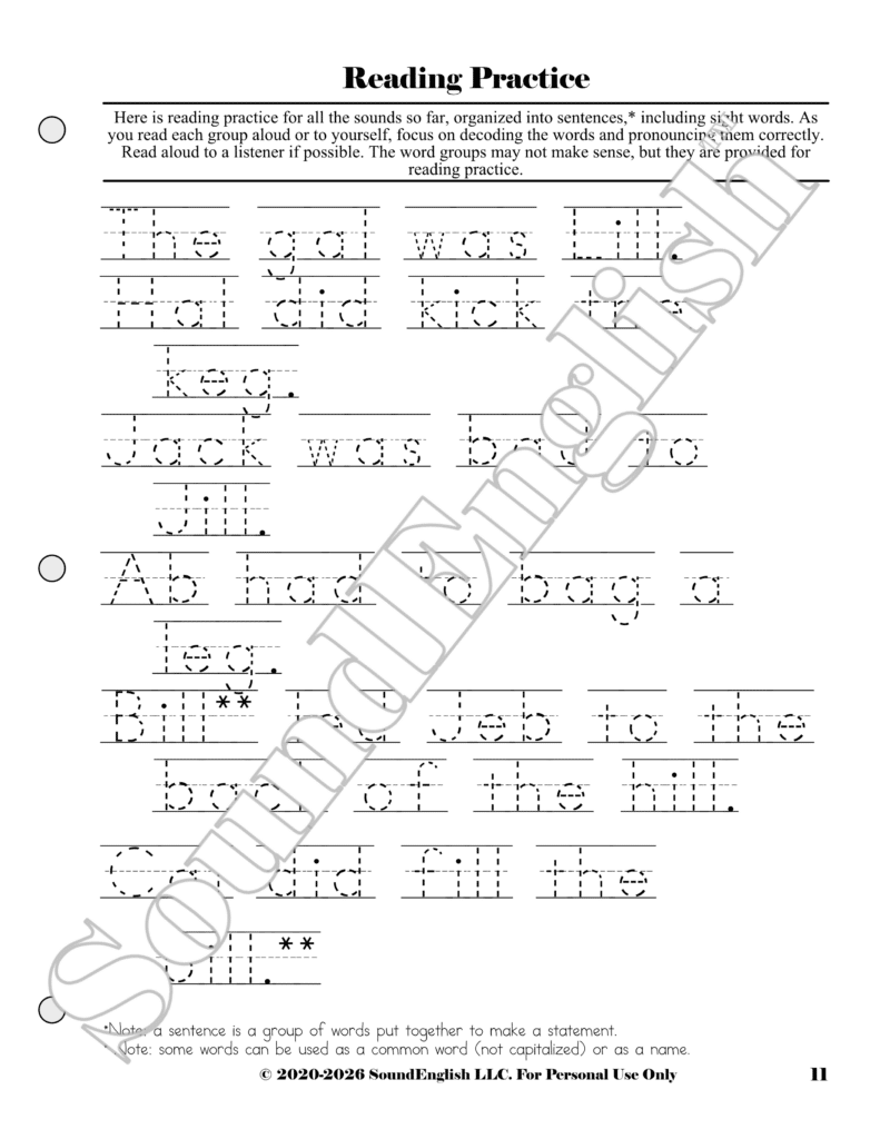 - SoundEnglish Page 11 from SoundEnglish Step 2.3: I-L Reading Practice worksheet with dashed-letter words to trace and read.