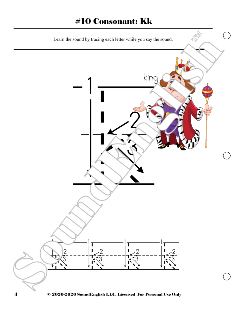 - SoundEnglish Page 4 from SoundEnglish Step 2.3: I-L, teaching the consonant K/k with tracing guides and a cartoon king; prompt to trace letters while saying the sound.