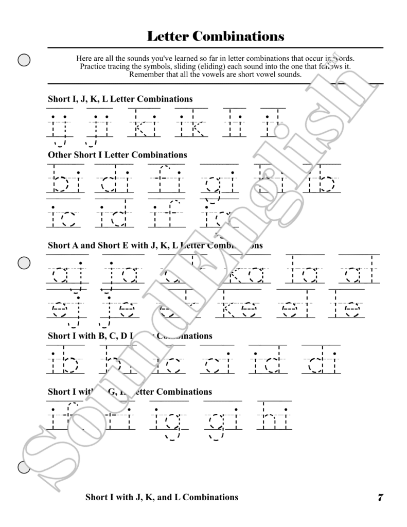 - SoundEnglish Page 7from SoundEnglish Step 2.3: I-L, titled 'Letter Combinations' showing tracing practice for Short I, J, K, L letter combinations with dotted letters on practice lines and underlines