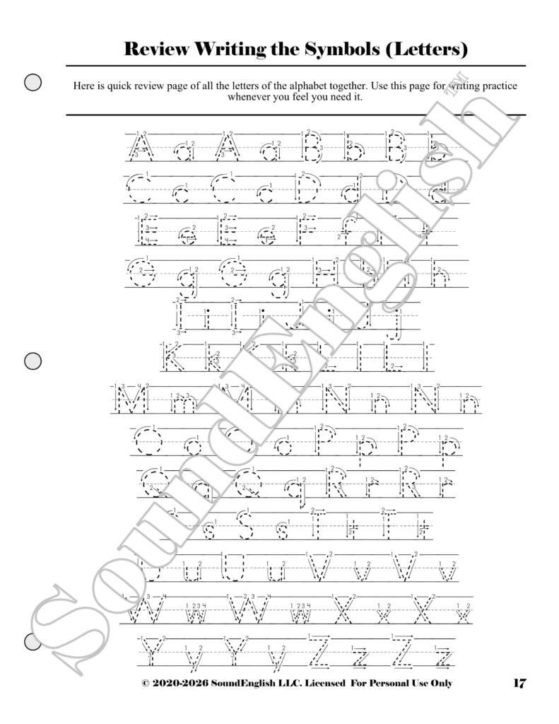 - SoundEnglish Handwriting practice page with dashed-trace letters A–Z for tracing, showing stroke numbers and guide lines.