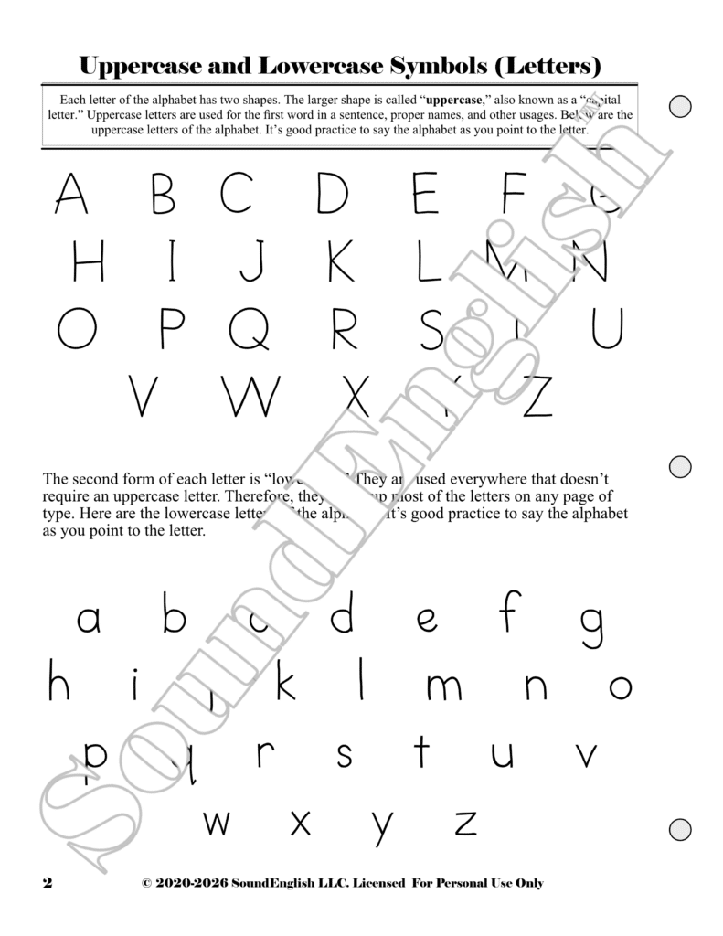 - SoundEnglish img src="Step-1Learn-the-SymbolsSample-page-2-scaled.png" alt="Page 2 sample shows all the uppercase and lowercase letters."