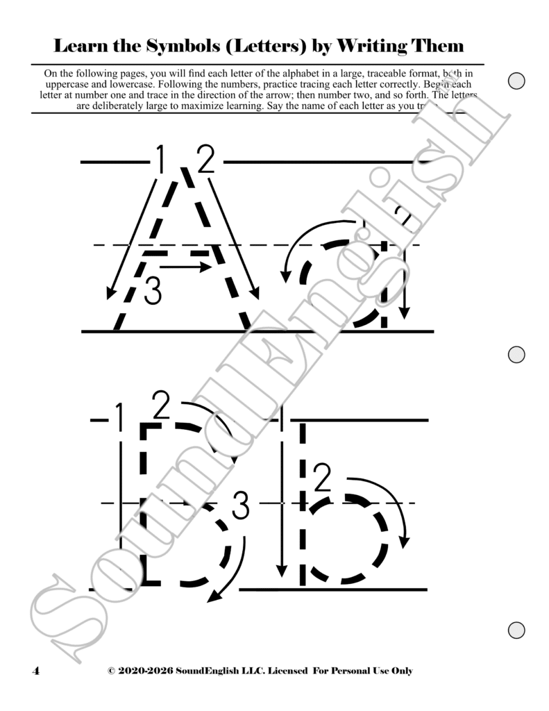 - SoundEnglish img src="Step-1Learn-the-SymbolsSample-page-2-scaled.png" alt="Page 4 sample shows how to write the letters A and B"