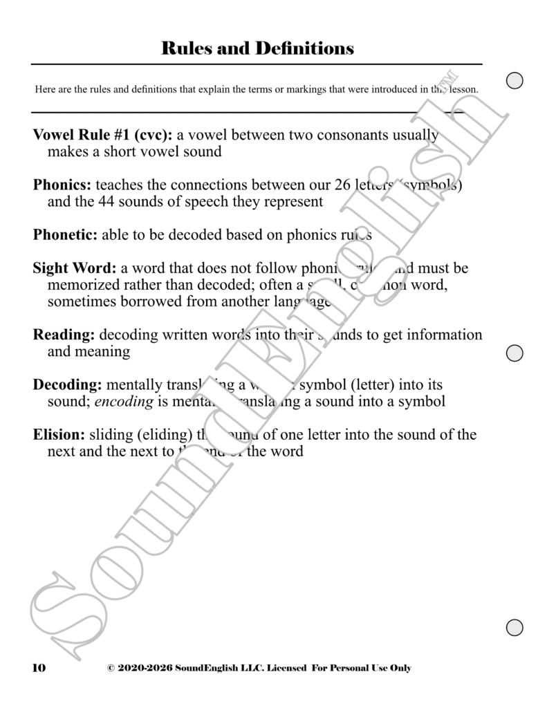 - SoundEnglish Page titled 'Rules and Definitions' listing vowel rule #1, phonics, sight word, decoding, and elision definitions on a lesson page