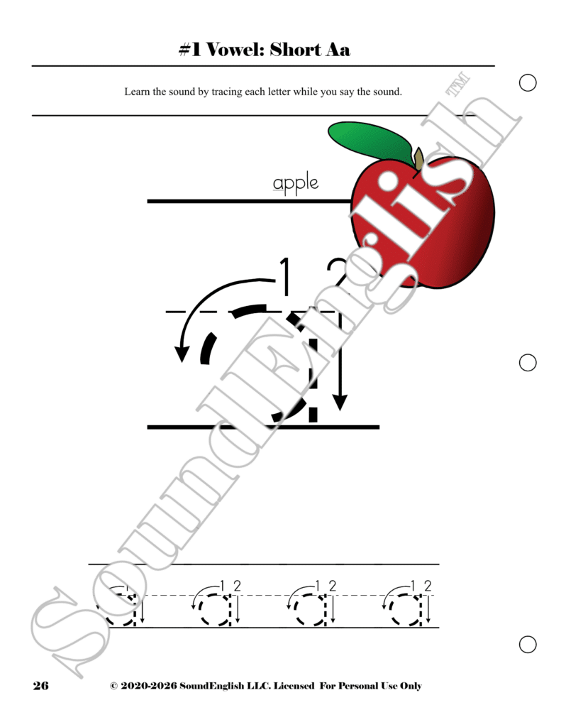 - SoundEnglish Phonics page teaching the short Aa vowel with tracing activities and an apple illustration in the corner.
