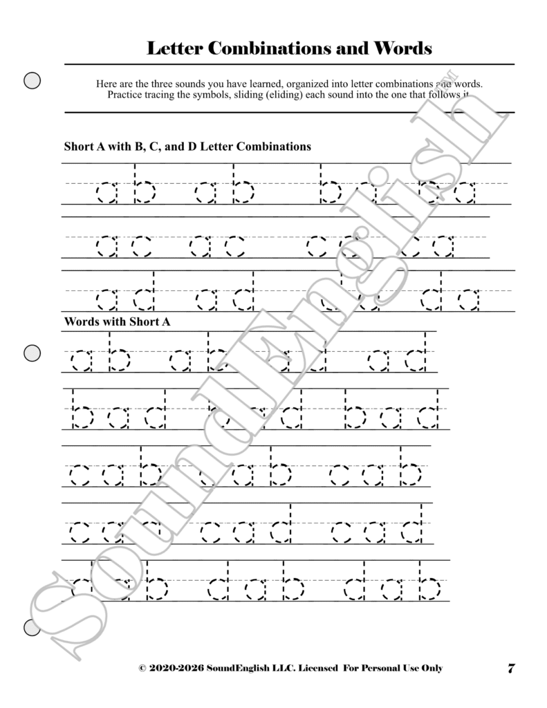 - SoundEnglish Worksheet page labeled 'Letter Combinations and Words' for tracing and writing practice with short A words and B, C, D letter blends.
