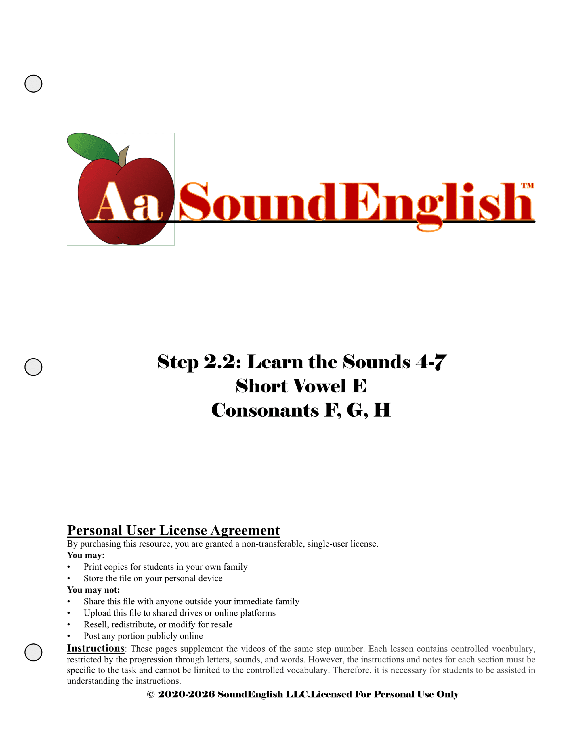 - SoundEnglish img src="Step-22E-H-Personal-License-scaled.png" alt="This is the title page for Step 2.2: Learn the Sounds E-H Personal User practice packet."