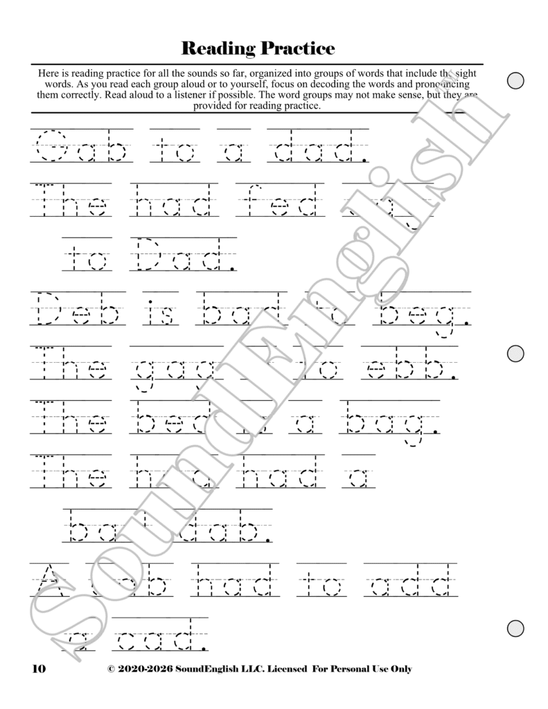 - SoundEnglish img src="Step-22E-Hpage-10-scaled.png" alt="Sample page 10 shows the reading practice sentences."
