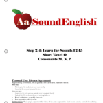 - SoundEnglish Bid red apple logo for SoundEnglish Step 2.4: Learn the Sounds 12-15, Short Vowel O, Consonants M, N, P, plus Personal User License Agreement beneath.