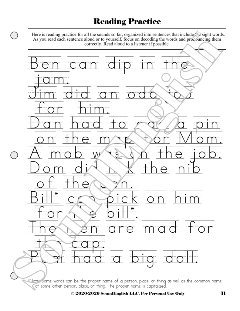 - SoundEnglish Reading Practice worksheet from SoundEnglish Step 2.4: M-P, for early readers with large sentences to trace and read on lined pages.