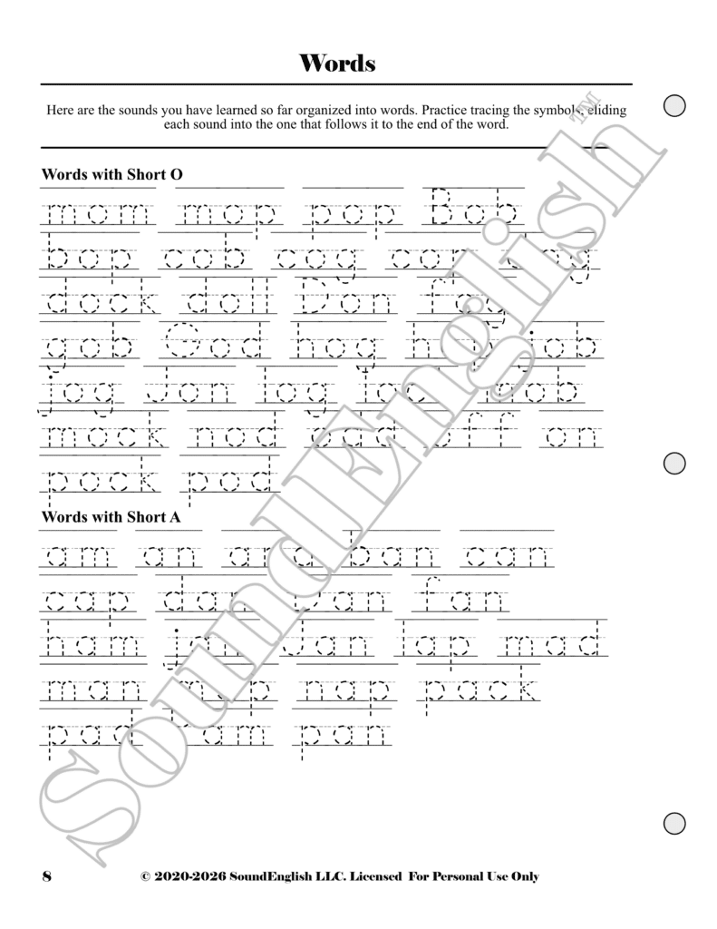 - SoundEnglish SoundEnglish Step 2.4:M-P Words to trace on page 8 to build reading vocabulary