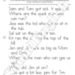 - SoundEnglish SoundEnglish Step 2.5: Learn the Sounds Q-U Page 11 Reading Practice worksheet page with horizontal rules, and large handwritten sample sentences