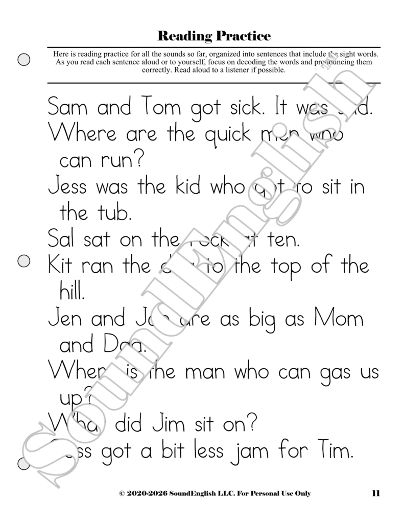 - SoundEnglish SoundEnglish Step 2.5: Learn the Sounds Q-U Page 11 Reading Practice worksheet page with horizontal rules, and large handwritten sample sentences