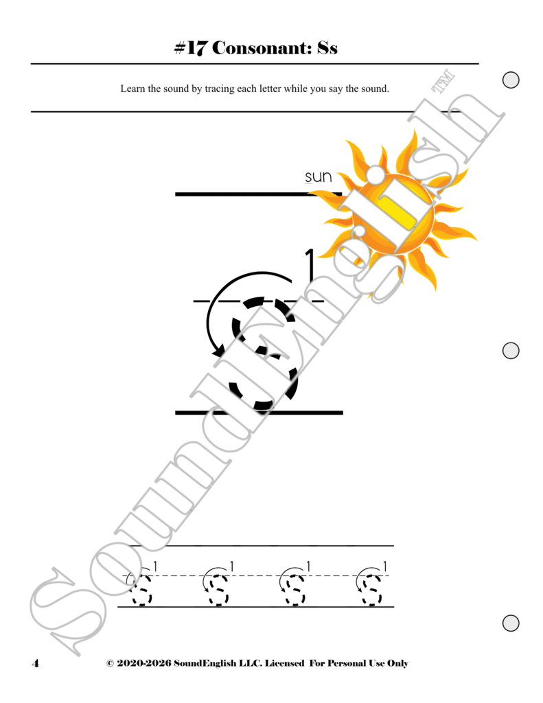 - SoundEnglish Phonics worksheet for Ss: tracing letters while saying the sound; title ‘#17 Consonant: Ss’ with a sun graphic.