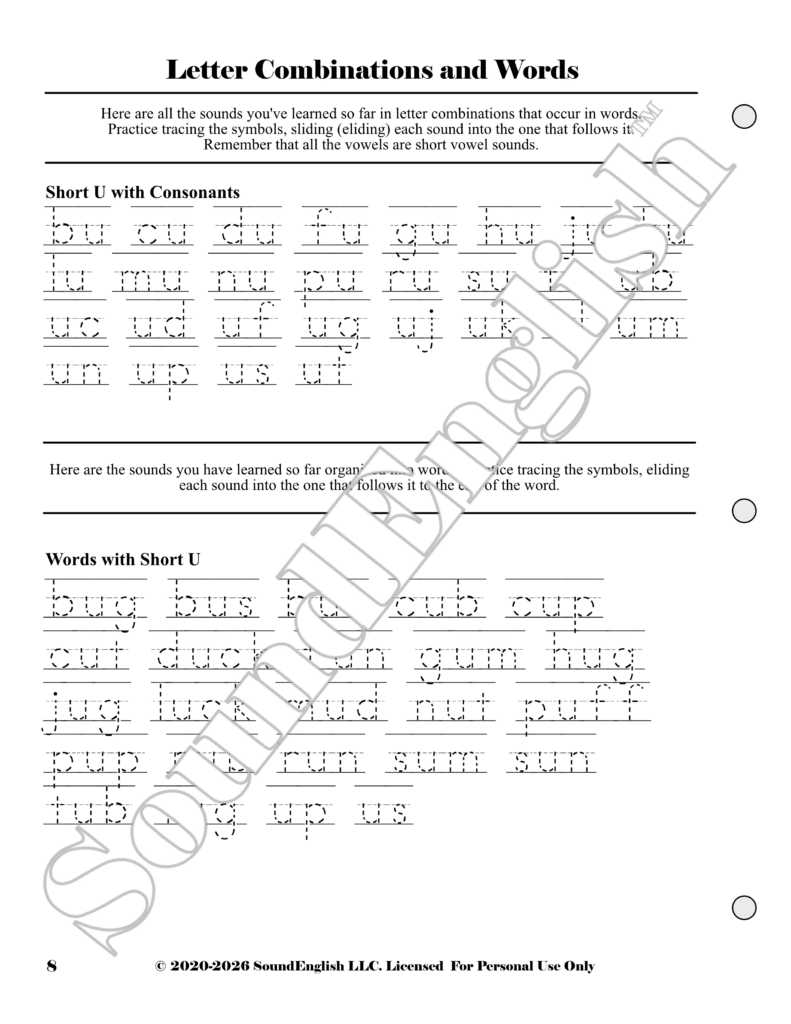 - SoundEnglish SoundEnglish Step 2.5: Learn the Sounds Q-U Page 8 Letter Combinations and Words Worksheet for tracing word families with dotted letters and guiding lines.