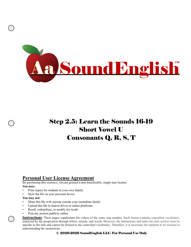 - SoundEnglish Big red apple logo for SoundEnglish Step 2.5: Learn the Sounds Q-U Personal License Practice Packet title page.