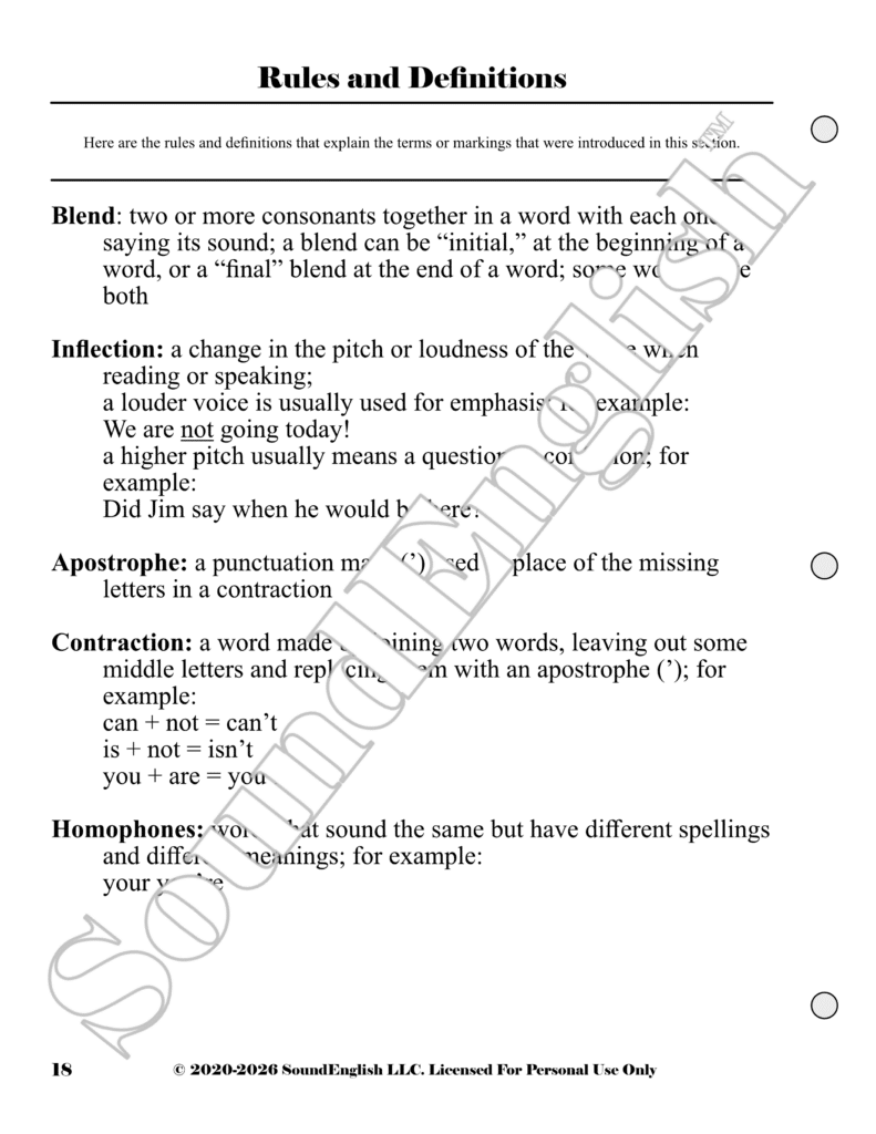 - SoundEnglish Page 18 from SoundEnglish Step 2.6: V-Z & Blends titled 'Rules and Definitions' with definitions for Blend, Inflection, Apostrophe, and Contraction, watermark across the page.