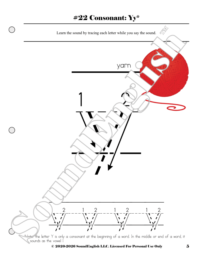 - SoundEnglish Page 5 from SoundEnglish Step 2.6: V-Z & Blends teaching the consonant Y (Yy) with instructions to trace each letter while saying the sound; features a red yarn ball and tracing guides.