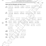 - SoundEnglish Worksheet page titled 'Letter Combinations' with tracing practice for initial and final digraphs with short vowels (e.g., ch, sh, th, wh, nk).
