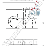 - SoundEnglish Page from a phonics workbook about the digraph 'ch'; teaches tracing letters and saying the sound, with a church illustration in the corner.