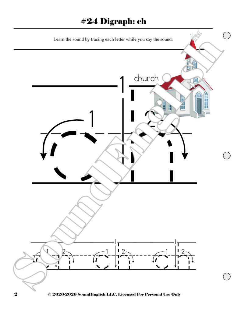 - SoundEnglish Page from a phonics workbook about the digraph 'ch'; teaches tracing letters and saying the sound, with a church illustration in the corner.