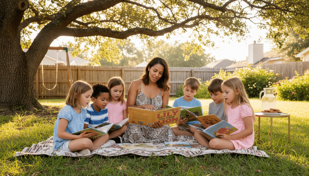 - SoundEnglish A mother on a blanket under a tree, teaching a small group of children to read.