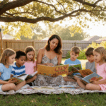 - SoundEnglish A mother on a blanket under a tree, teaching a small group of children to read.