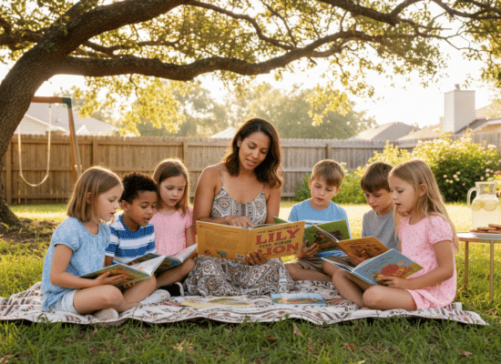 - SoundEnglish A mother on a blanket under a tree, teaching a small group of children to read.