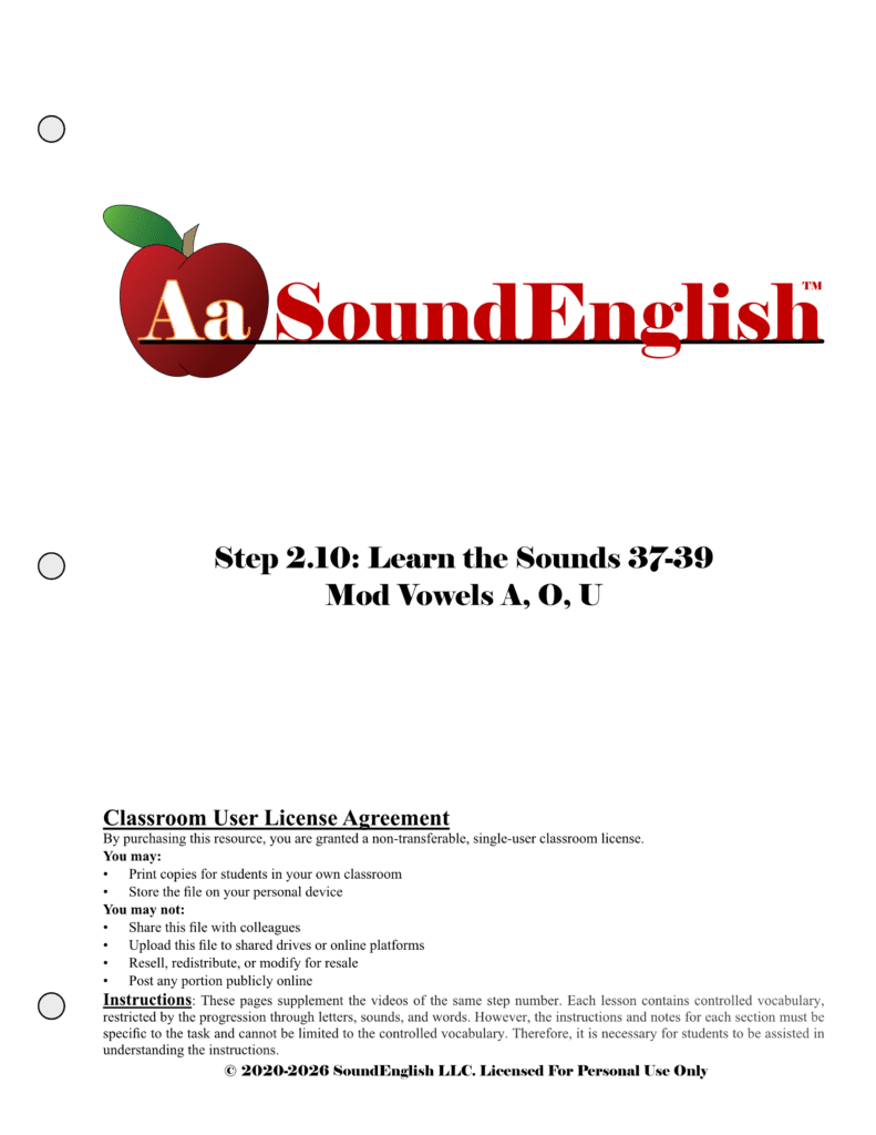 - SoundEnglish Big red apple logo for SoundEnglish Step 2.10: Learn the Sounds Mod Vowels Classroom License Title Page
