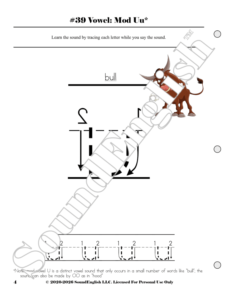 - SoundEnglish SoundEnglish phonics worksheet teaching the Mod Uu vowel sound, with tracing letters while you say the sound and a cartoon bull on the right.