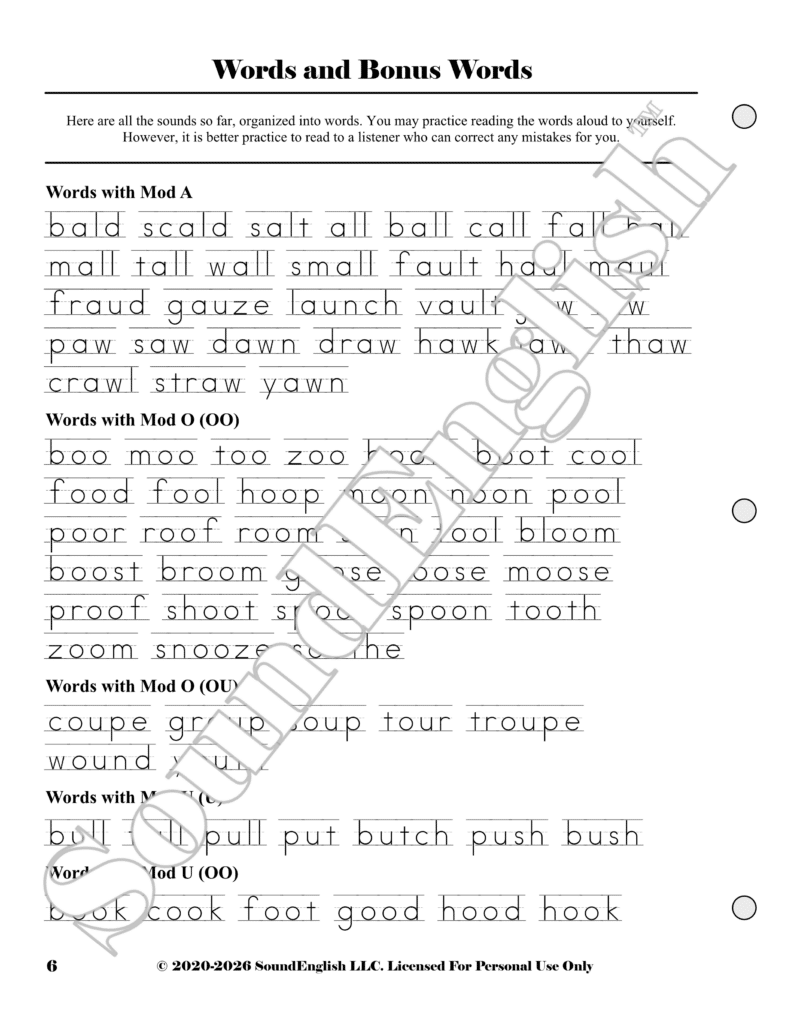 - SoundEnglish SoundEnglish phonics worksheet page titled 'Words and Bonus Words' with multiple word lists and practice sections for reading and spelling