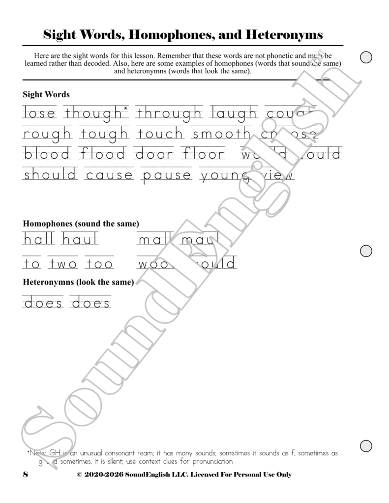 - SoundEnglish SoundEnglish phonics worksheet with word lists of sight words, homophones, and heteronyms