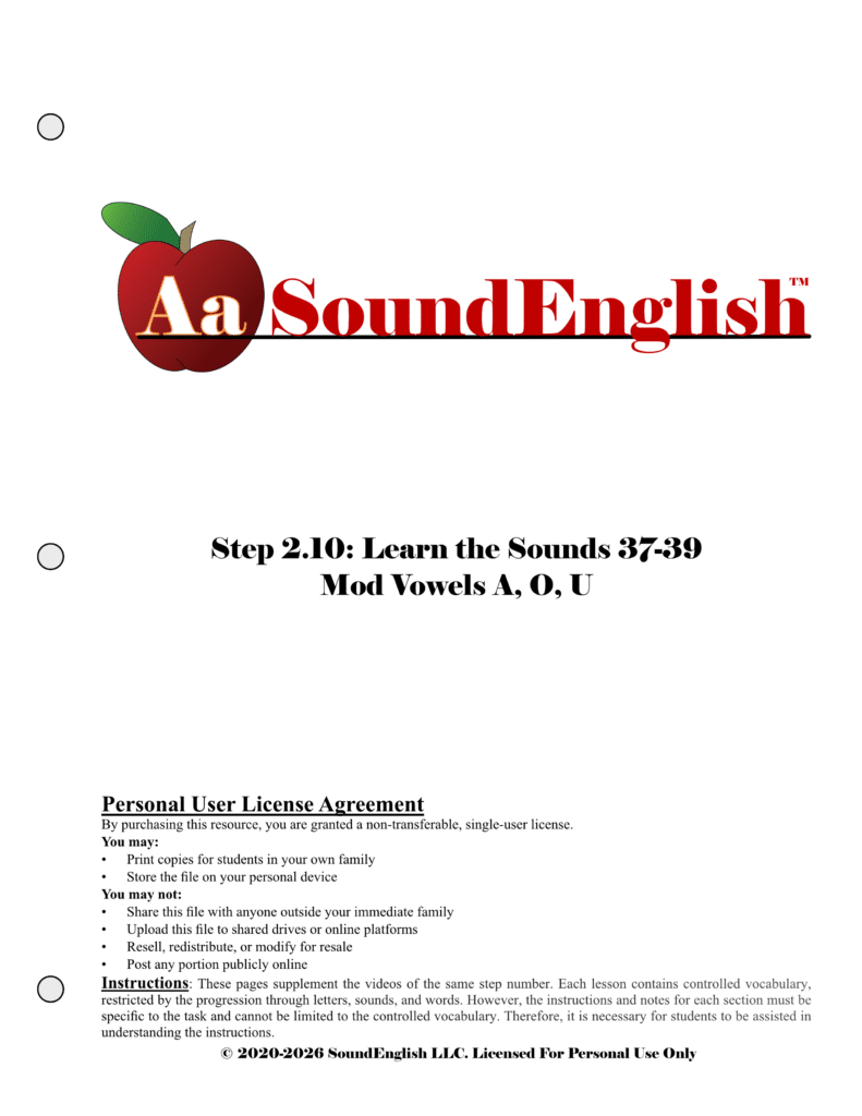 - SoundEnglish Big red apple logo for SoundEnglish Step 2.10: Learn the Sounds Mod Vowels Personal License Title Page