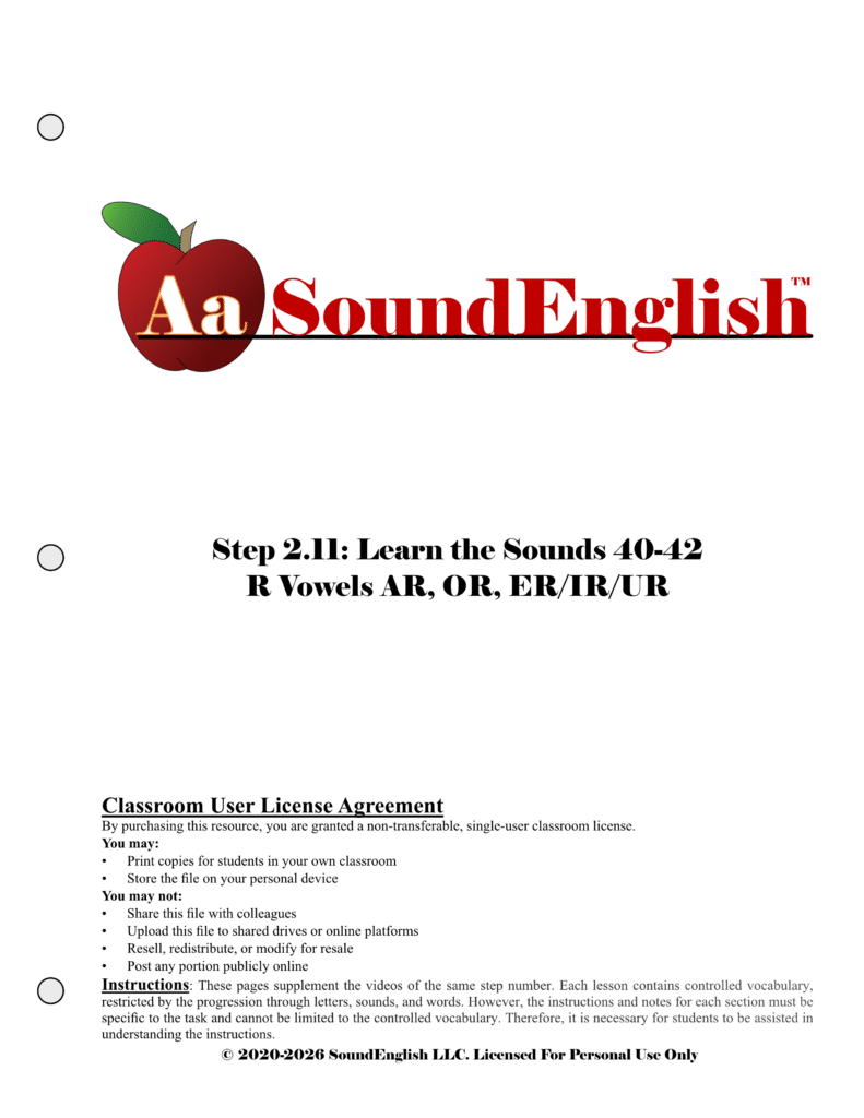- SoundEnglish Big red apple logo for SoundEnglish Step 2.11: Learn the Sounds R Vowels Classroom License Title Page