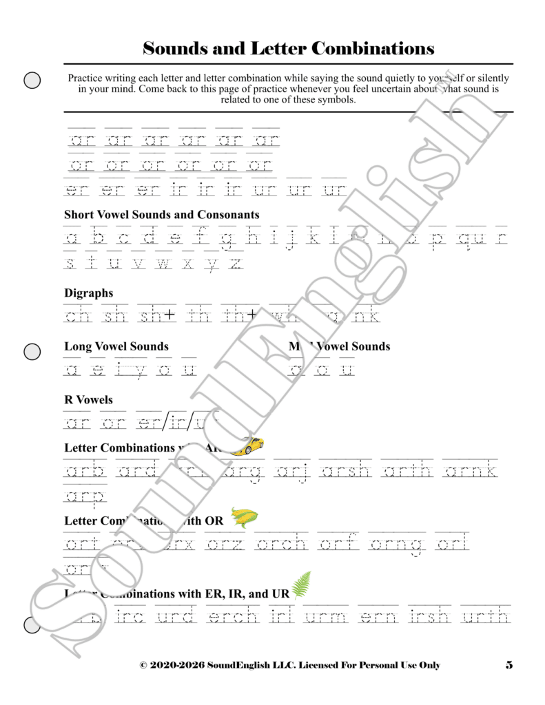 - SoundEnglish SoundEnglish phonics worksheet page for practicing sounds and letter combinations, with sections for vowels, digraphs, and letter tracing lines.
