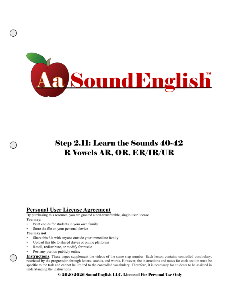 - SoundEnglish Big red apple logo for SoundEnglish Step 2.11: Learn the Sounds R Vowels Personal License Title Page