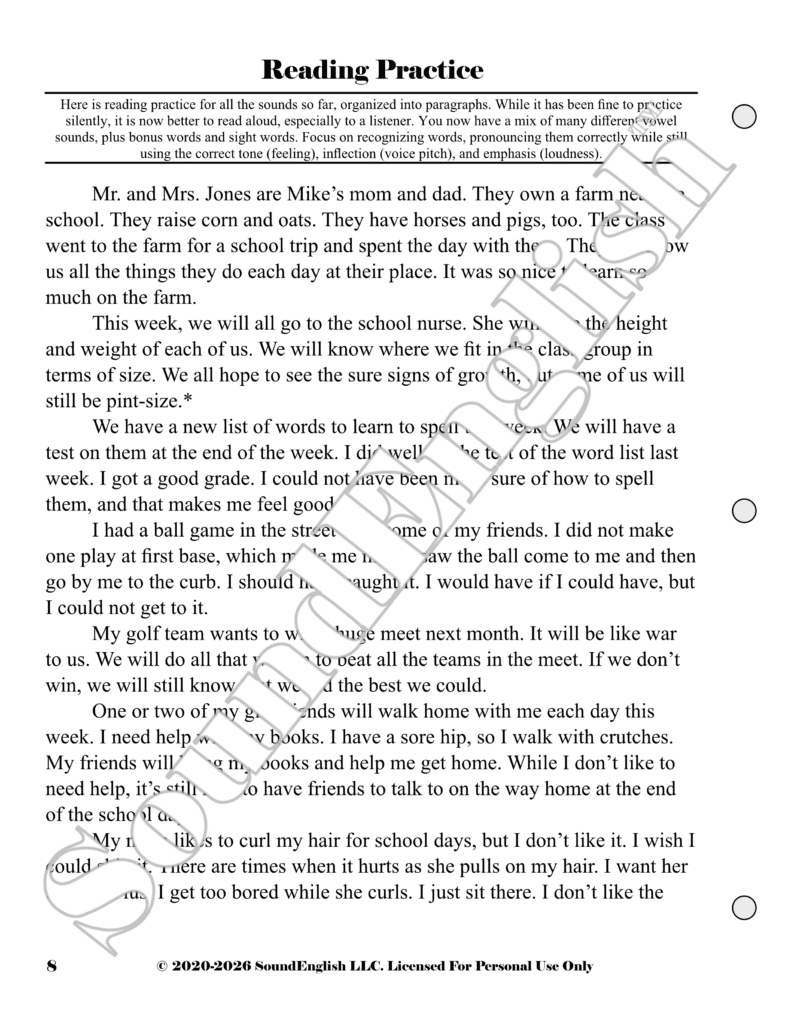 - SoundEnglish SoundEnglish page for Step 2.11 Reading Practice with paragraphs of reading passages that include R vowels