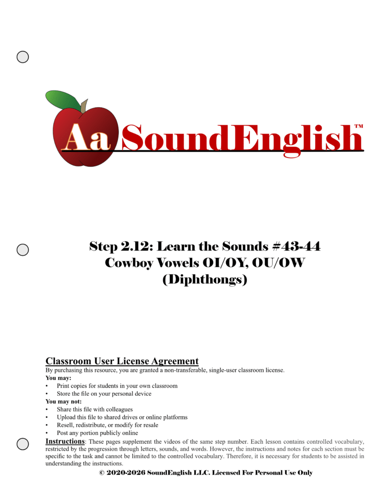 - SoundEnglish Big red apple logo for SoundEnglish Step 2.12: Learn the Sounds Cowboy Vowels Classroom License Title Page
