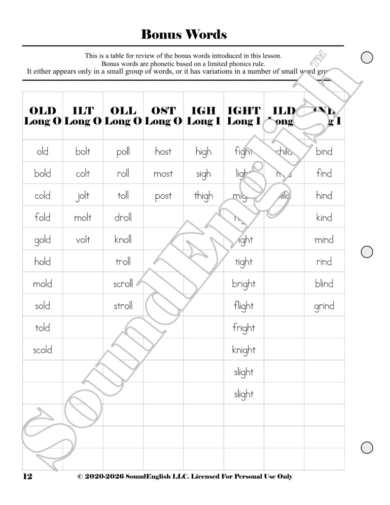 - SoundEnglish SoundEnglish Step 2.12 page 12 Bonus Words worksheet: a grid of long-O and long-I phonics words with examples like old, bolt, poll, host, high, fight, child.