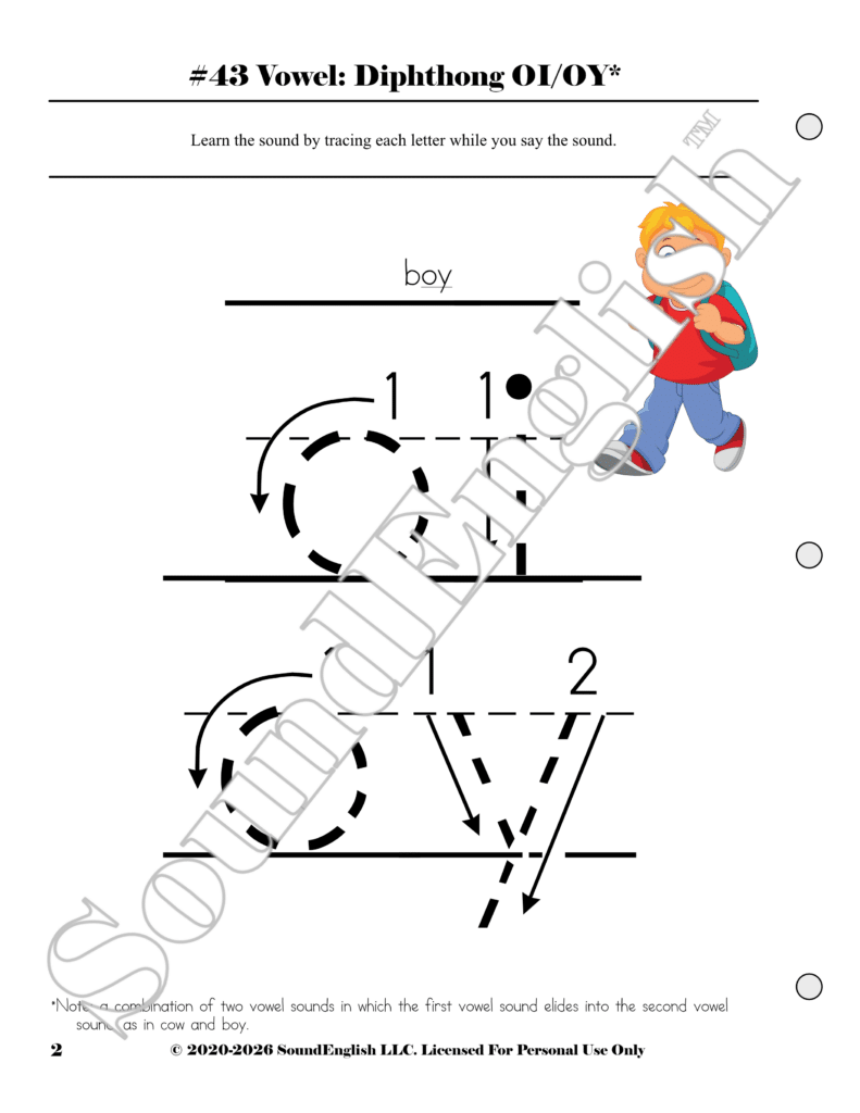 - SoundEnglish SoundEnglish Step 2.12 page 2 phonics worksheet for tracing cowboy vowels OI and OY with a picture of a boy