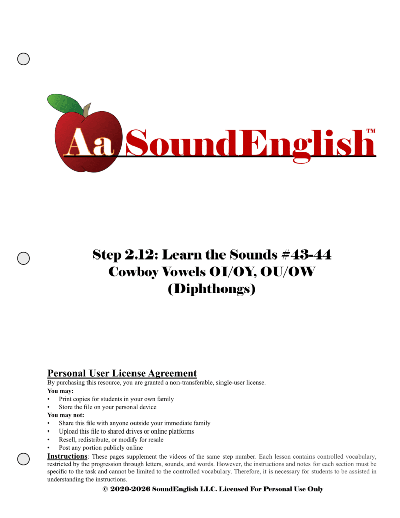 - SoundEnglish Big red apple logo for SoundEnglish Step 2.12: Learn the Sounds Cowboy Vowels Personal License Title Page