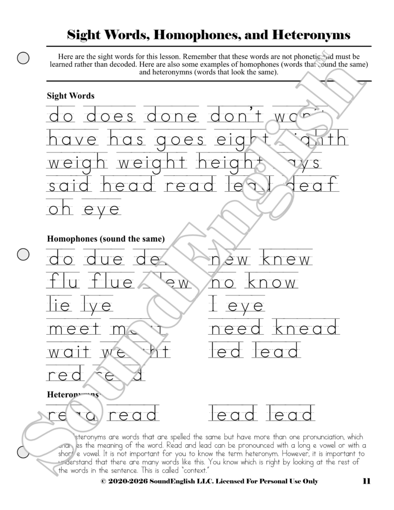 - SoundEnglish From SoundEnglish Step 2.8 Long Vowel Teams workbook, page 11, titled 'Sight Words, Homophones, and Heteronyms' showing tracing word lists and sample text with a diagonal watermark.