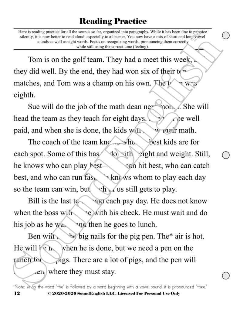 Page from SoundEnglish Step 2.8: Long Vowel Teams packet page 12, titled 'Reading Practice'