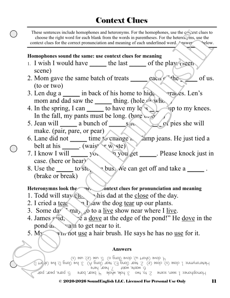 - SoundEnglish Page titled 'Context Clues' from an educational worksheet showing sentences with blanks to fill using context clues; watermark reads SAMPLE.