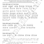 - SoundEnglish Worksheet page titled 'Words and Bonus Words' showing long A vowel-team word practice with example words (ace, age, ate, base, brave, came, dare, date, face, game, hat e, late, make, name, page, place, pace...).