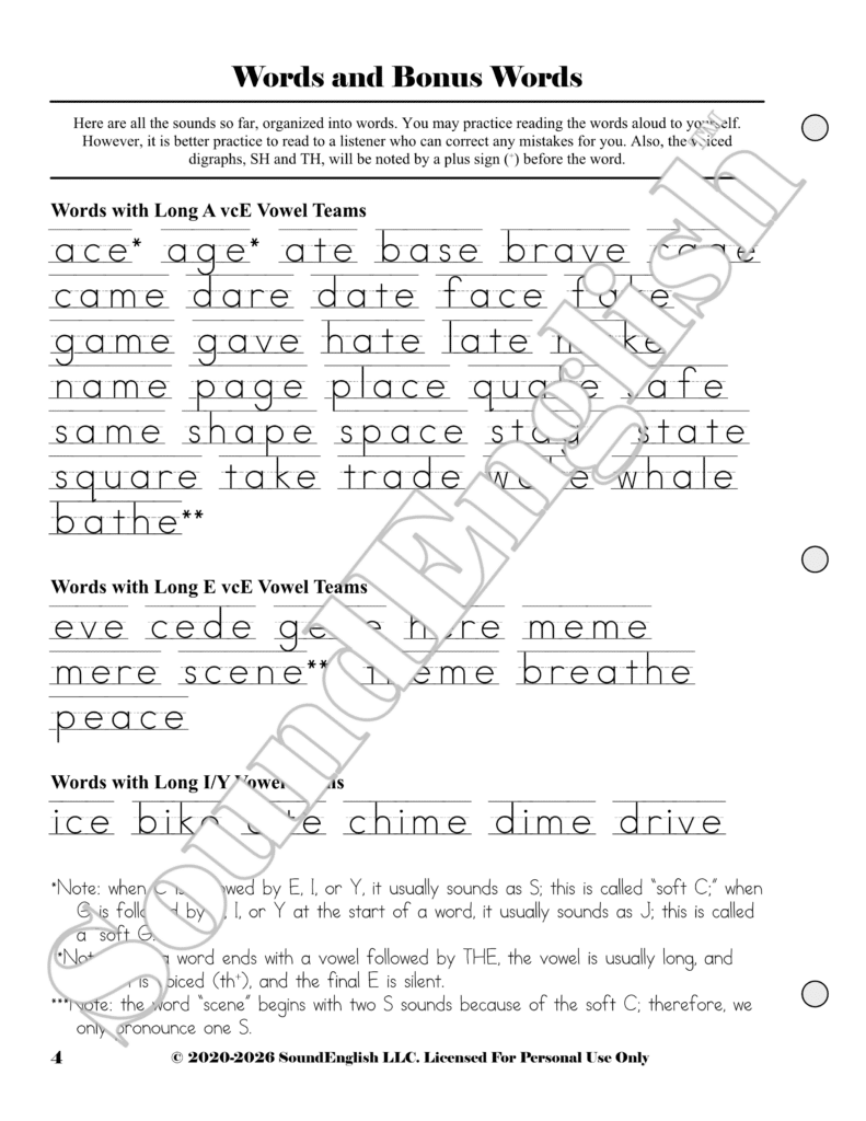 - SoundEnglish Worksheet page titled 'Words and Bonus Words' showing long A vowel-team word practice with example words (ace, age, ate, base, brave, came, dare, date, face, game, hat e, late, make, name, page, place, pace...).