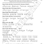 - SoundEnglish A phonics practice page showing long and short vowel word lists with underlines for tracing (ch, dance, fence, since; change, range, strange; basic, paste, taste, wane).